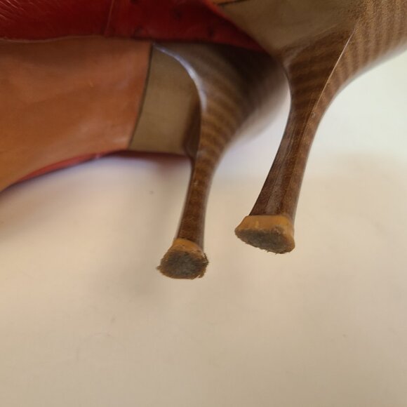 Vtg Goss Red Leather Ostrich Boots 6 Stiletto Pointed Toe Western Witchy Cowboy - Picture 13 of 16